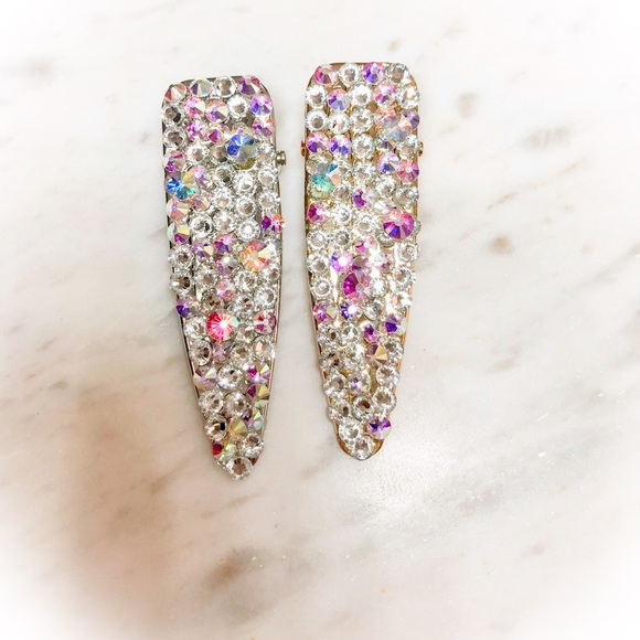 Iridescent Crystal Covered Barrette Hair Clips - Picture 2 of 8